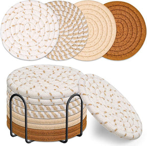 Cheshunt beige and khaki woven cotton coasters set of eight with metal holder on a table