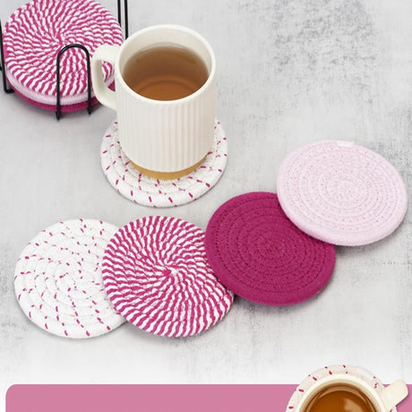 Beige and Blue Absorbent Woven Cotton Coasters - Set of 8 with Metal Holder - Heat Resistant Drink Mats for Table Protection