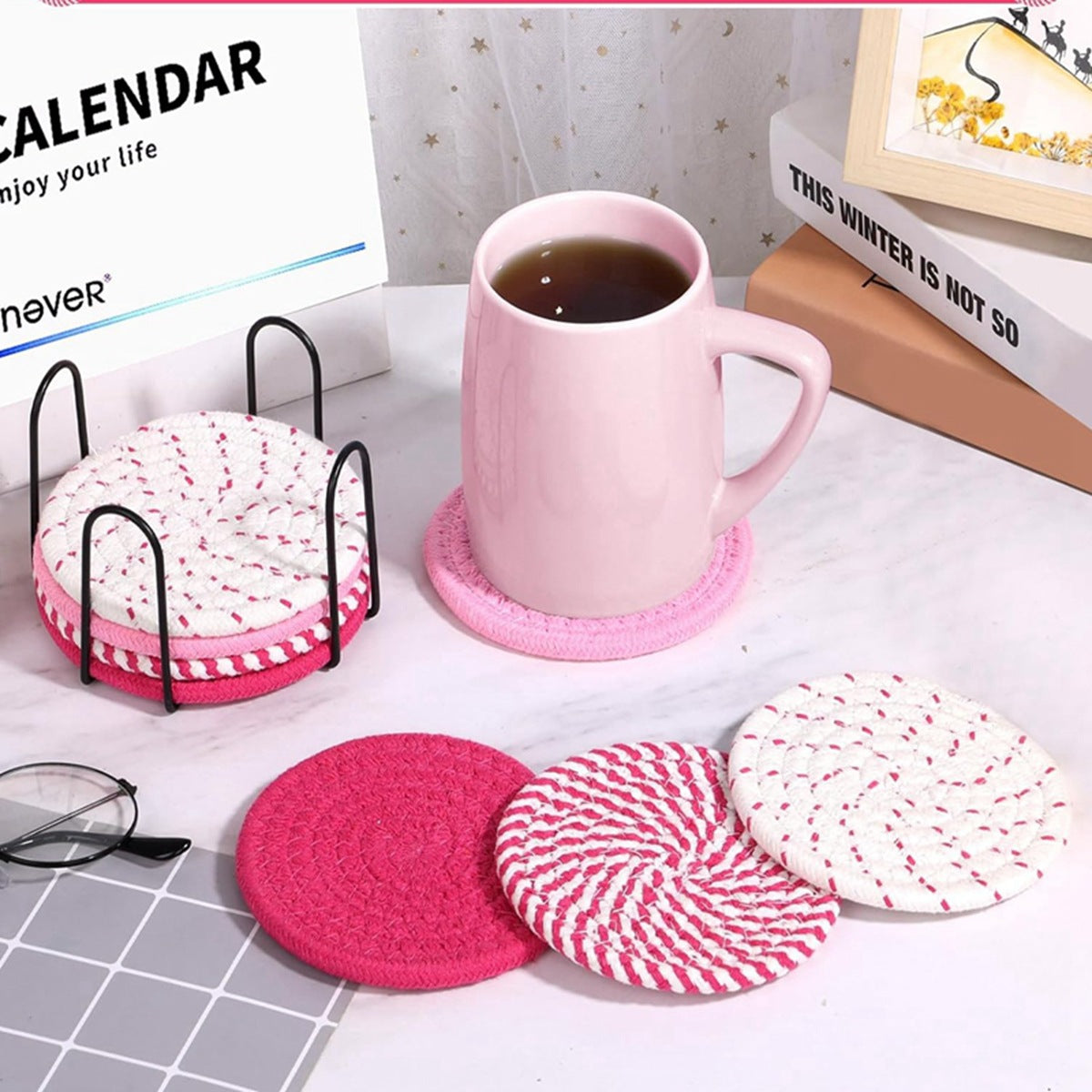 Brown Absorbent Woven Cotton Coasters - Set of 8 with Metal Holder - Heat Resistant Drink Mats for Table Protection