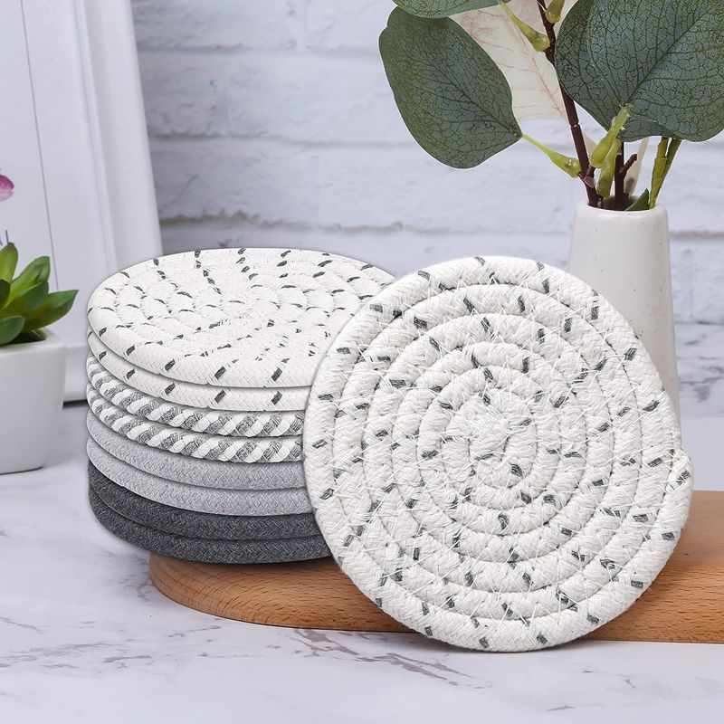 Brown Absorbent Woven Cotton Coasters - Set of 8 with Metal Holder - Heat Resistant Drink Mats for Table Protection