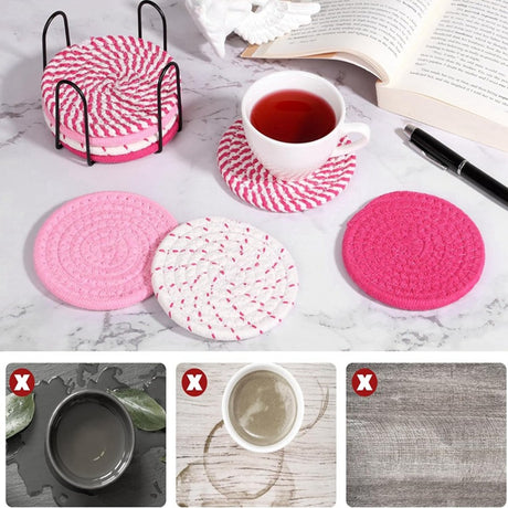 Beige Absorbent Woven Cotton Coasters - Set of 8 with Metal Holder - Heat Resistant Drink Mats for Table Protection