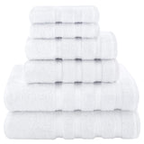 White combed cotton six piece towel bale with bath towels, hand towels and face washers stacked