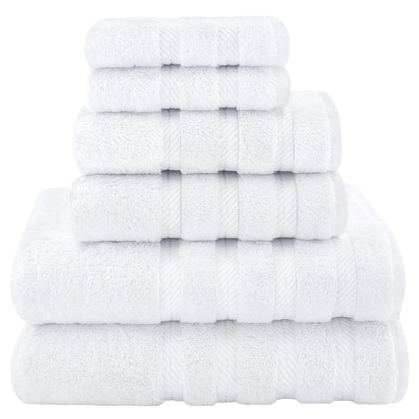 White combed cotton six piece towel bale with bath towels, hand towels and face washers stacked