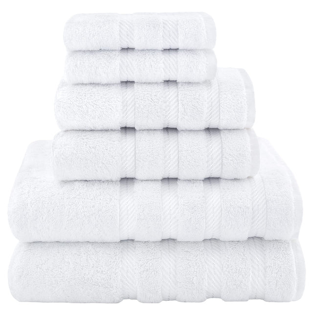 White combed cotton six piece towel bale with bath towels, hand towels and face washers stacked