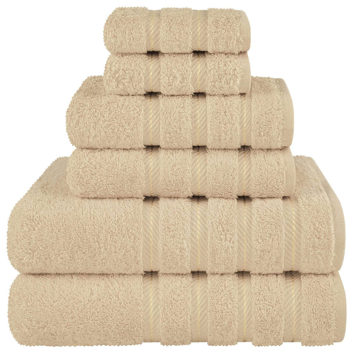 Khaki combed cotton six piece towel bale with bath towels, hand towels and face washers stacked