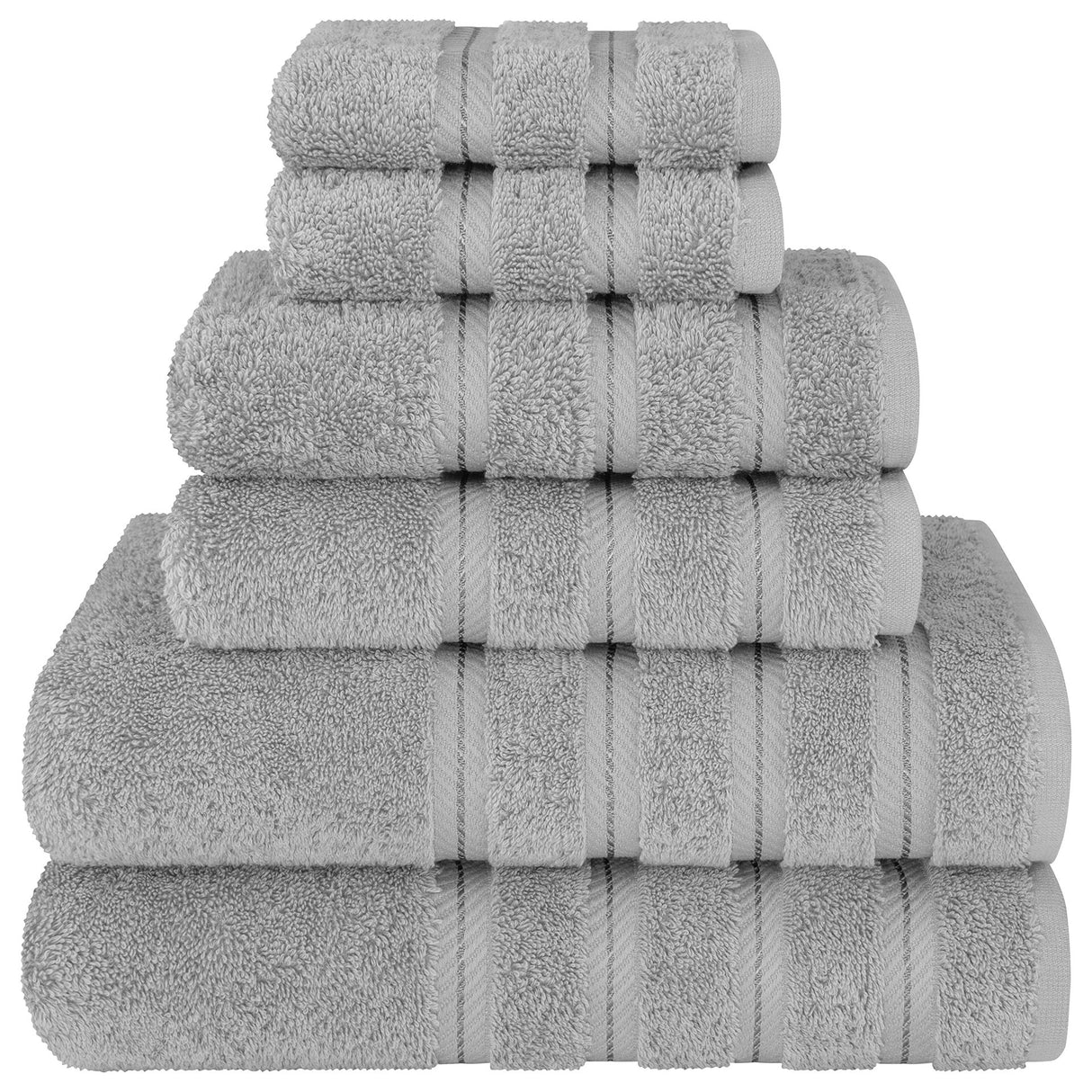 Grey combed cotton six piece towel bale with bath towels, hand towels and face washers stacked
