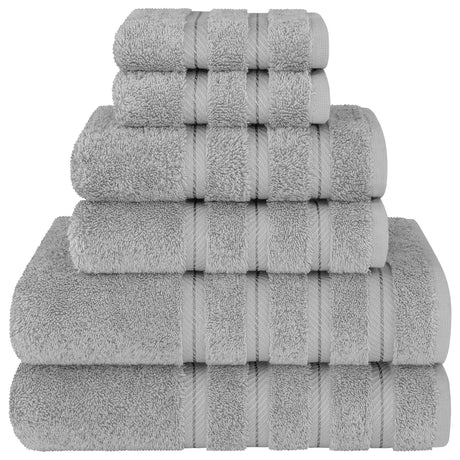 Grey combed cotton six piece towel bale with bath towels, hand towels and face washers stacked