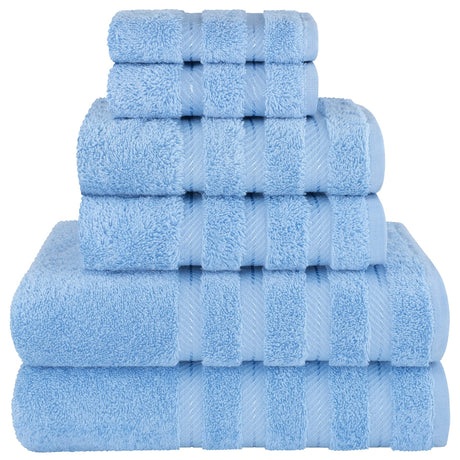 Six piece light blue combed cotton towel set with two bath towels, two hand towels and two face washers