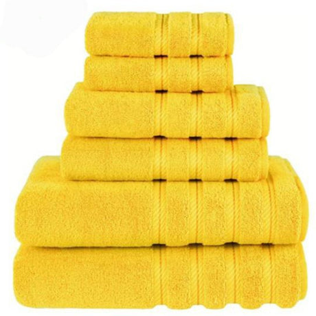 Yellow combed cotton six piece towel bale with bath towels, hand towels and face washers stacked