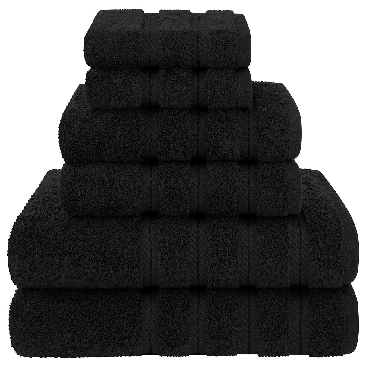 Black 6 piece combed cotton towel set with bath towels, hand towels and face washers
