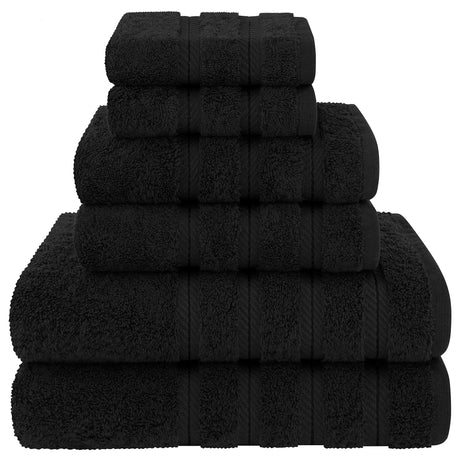 Black 6 piece combed cotton towel set with bath towels, hand towels and face washers