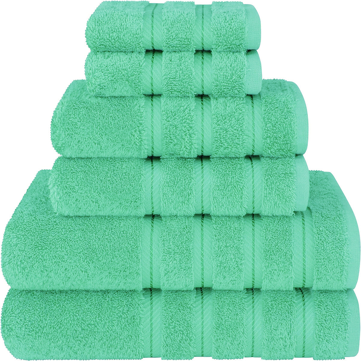 Green 6 piece combed cotton towel set with bath, hand and face towels