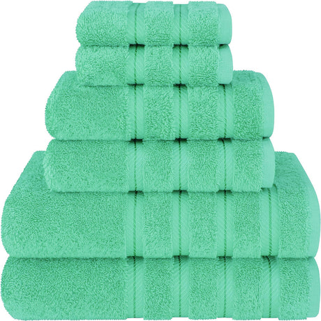 Green 6 piece combed cotton towel set with bath, hand and face towels
