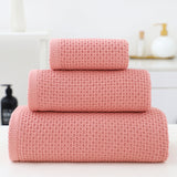 Pink waffle weave cotton towel set with bath towel, hand towel and face washer