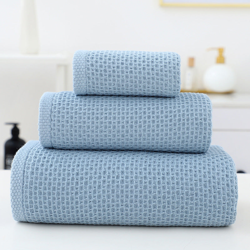 Blue waffle weave cotton towel set of 3 with bath towel, hand towel and face washer
