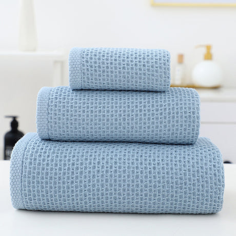 Blue waffle weave cotton towel set of 3 with bath towel, hand towel and face washer