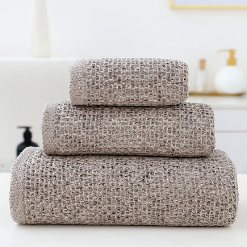 Brown waffle weave cotton towel set of 3 with bath towel, hand towel and face washer