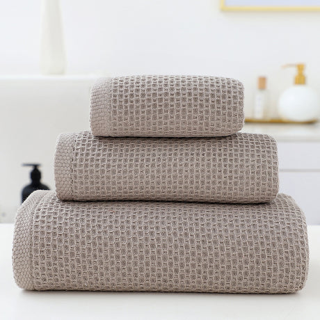 Brown waffle weave cotton towel set of 3 with bath towel, hand towel and face washer