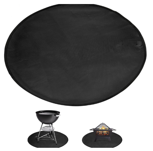 Round black fireproof fire pit mat under a fire pit