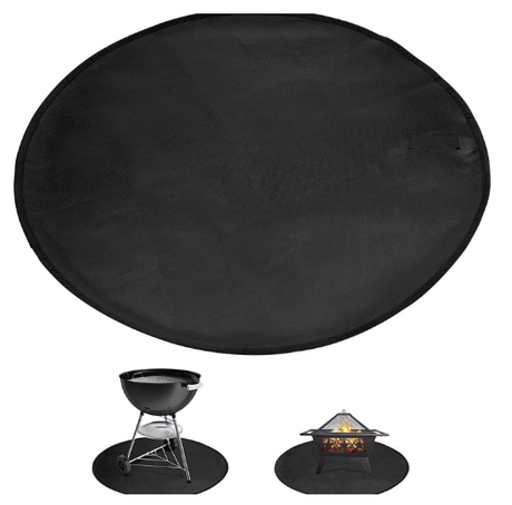 Round black fireproof fire pit mat under a fire pit