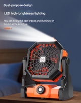 Portable USB Camping Fan with LED Light, black and orange, detail