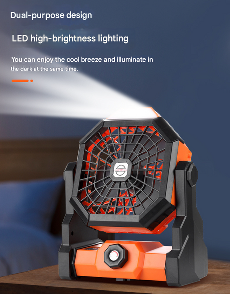 Portable USB Camping Fan with LED Light, black, controls detail