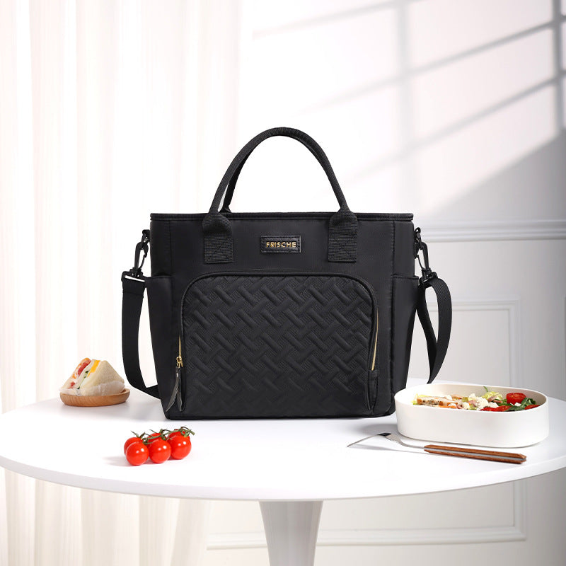 Cadouin triple layer insulated lunch tote in black Oxford fabric with shoulder strap