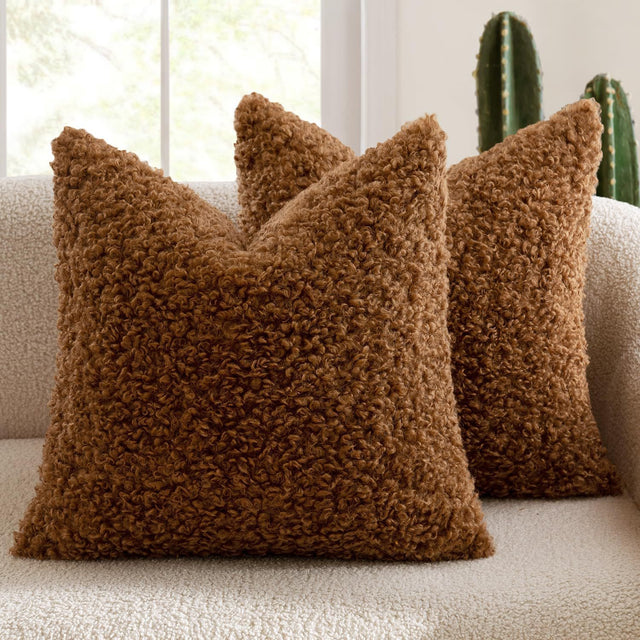 Dunkeld brown teddy boucle decorative cushion covers on a styled sofa