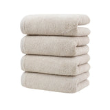 Four pack of khaki cotton hand towels, 34 by 78 cm, folded in a stack