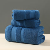 Blue 3 piece cotton towel set with bath towel, hand towel and face washer
