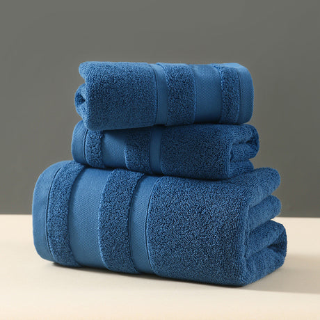 Blue 3 piece cotton towel set with bath towel, hand towel and face washer