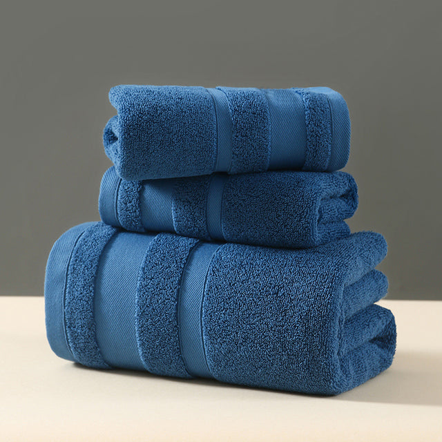 Blue 3 piece cotton towel set with bath towel, hand towel and face washer