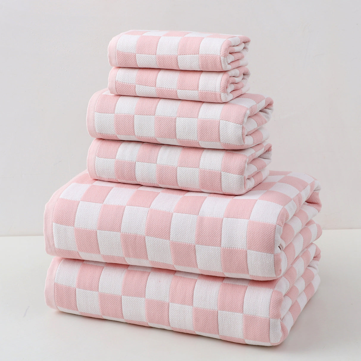 Pink cotton gauze towel set of 6 with bath, hand and face towels