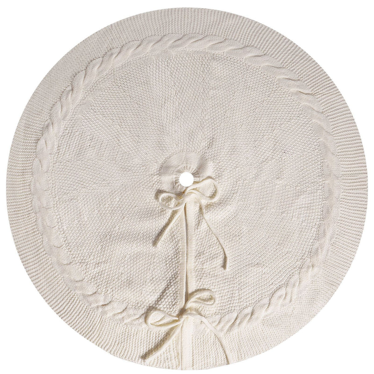 White Knit Christmas Tree Skirt with Cable-Knit Trim