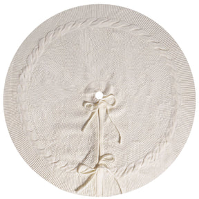 White Knit Christmas Tree Skirt with Cable-Knit Trim
