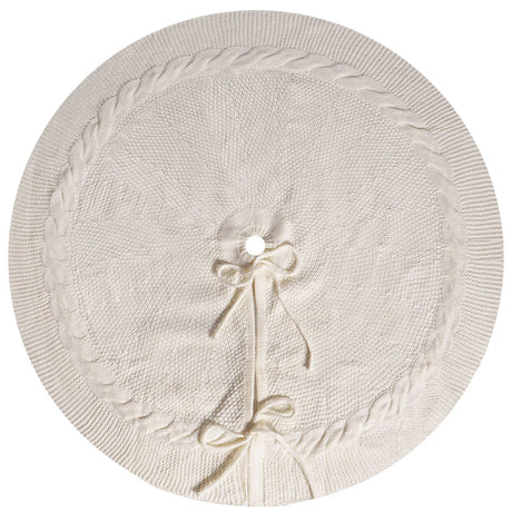 White Knit Christmas Tree Skirt with Cable-Knit Trim
