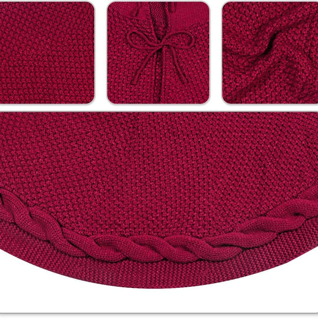 White Knit Christmas Tree Skirt with Cable-Knit Trim