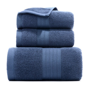 Blue long staple cotton towel set with one bath towel and two hand towels