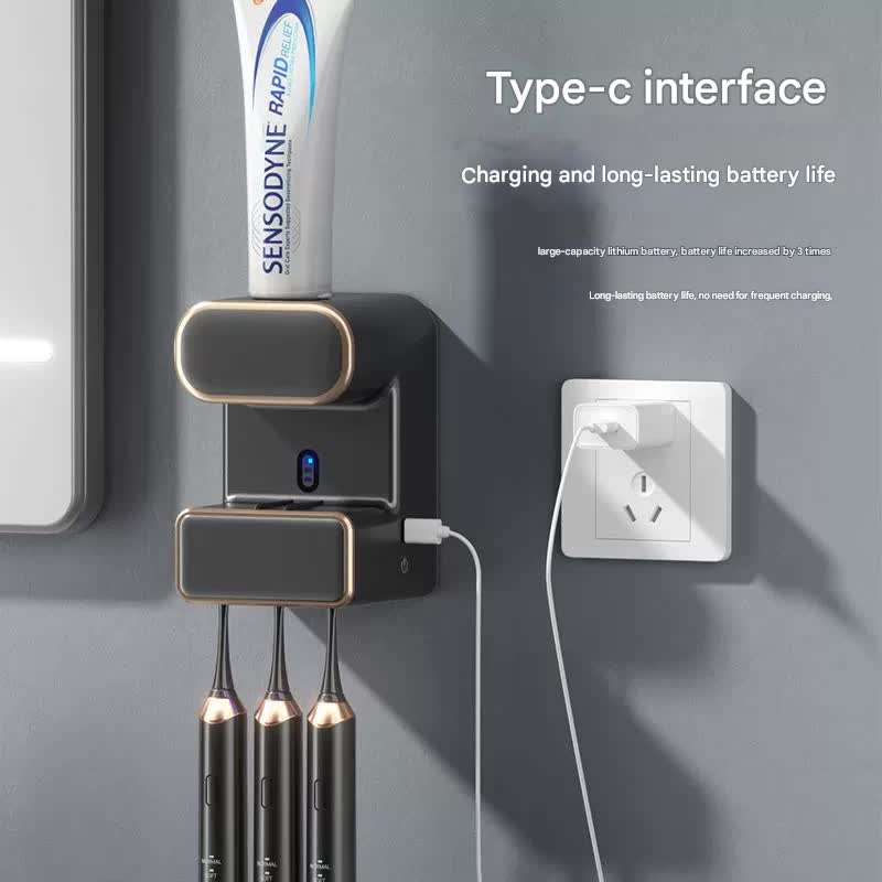 Toothpaste being dispensed automatically onto a toothbrush held under the grey sensor unit