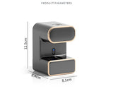 Green dispenser shown with dimensions of 12.5 cm high by 8.4 cm deep by 8.1 cm wide