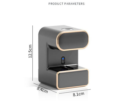 Green dispenser shown with dimensions of 12.5 cm high by 8.4 cm deep by 8.1 cm wide