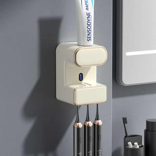 Alghero toothbrush holder in beige with auto toothpaste dispenser and UVC steriliser