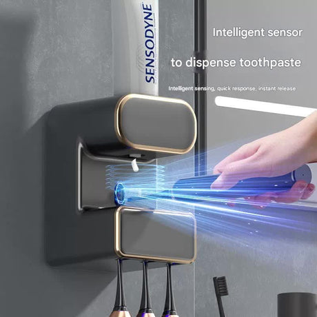 Enclosed toothbrush compartment of the beige unit holding several toothbrushes