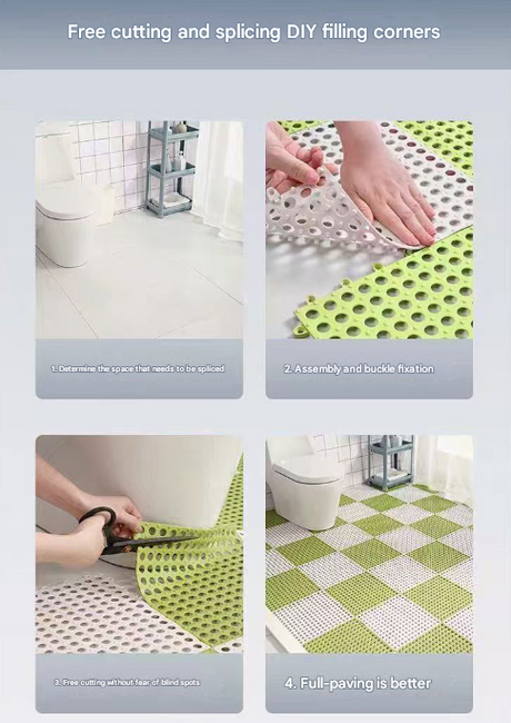 Grey and green drainage tiles laid across a wet bathroom floor