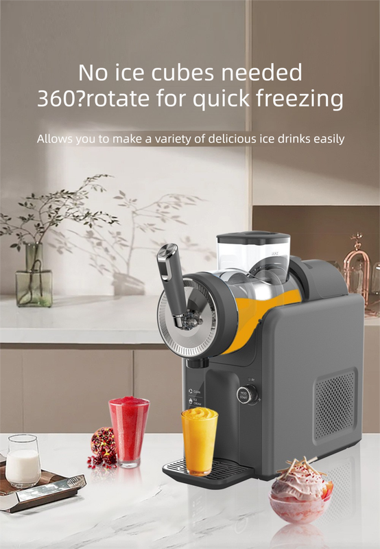 Frozen juice slush being dispensed from the machine into a glass