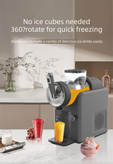 Frozen juice slush being dispensed from the machine into a glass