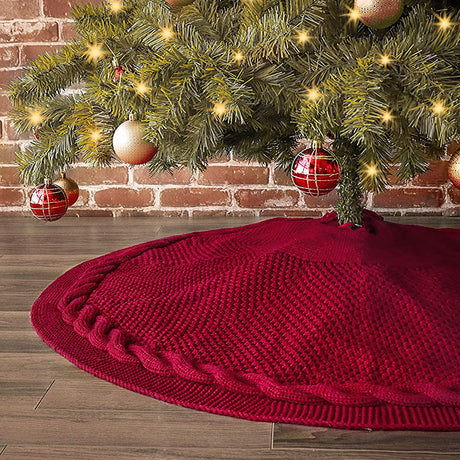 Elegant Red Knit Christmas Tree Skirt with Pom-Poms