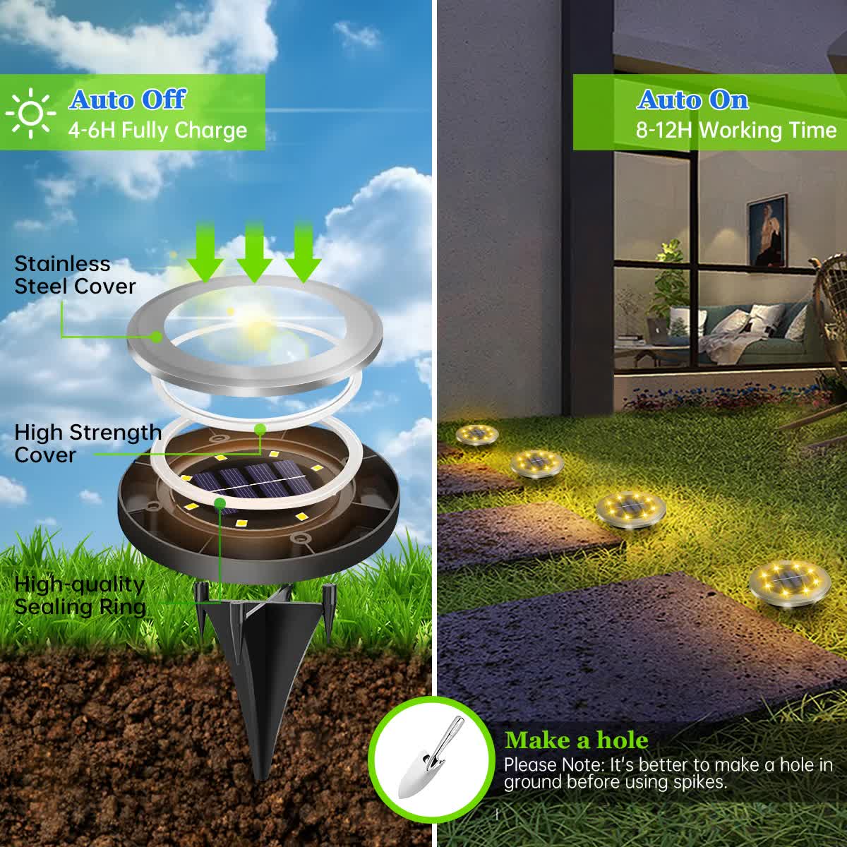 Stainless steel solar in-ground spike light with warm yellow glow