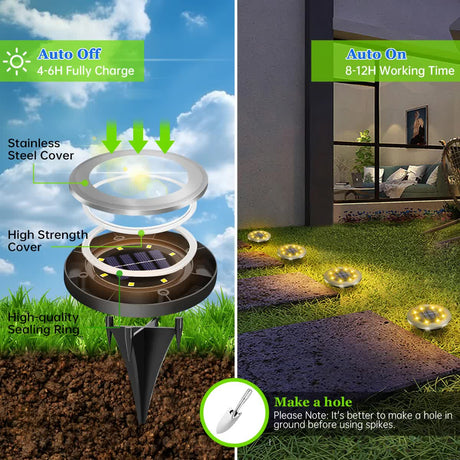 Large stainless steel solar in-ground light with white 8 LED glow