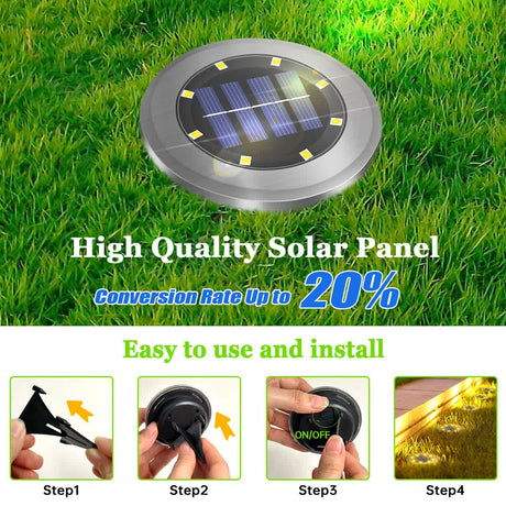 Large stainless steel solar in-ground light with white 8 LED glow